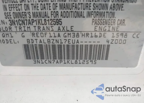 2019 Nissan Versa 1.6 Sv z USA, uszkodzony, nr VIN 3N1CN7AP1KL812595